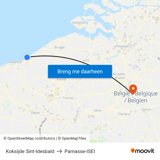 Koksijde Sint-Idesbald to Parnasse-ISEI map
