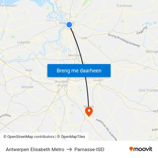 Antwerpen Elisabeth Metro to Parnasse-ISEI map