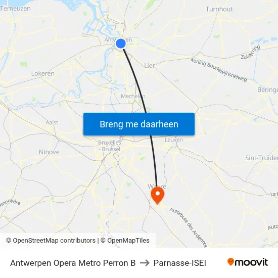 Antwerpen Opera Metro Perron B to Parnasse-ISEI map