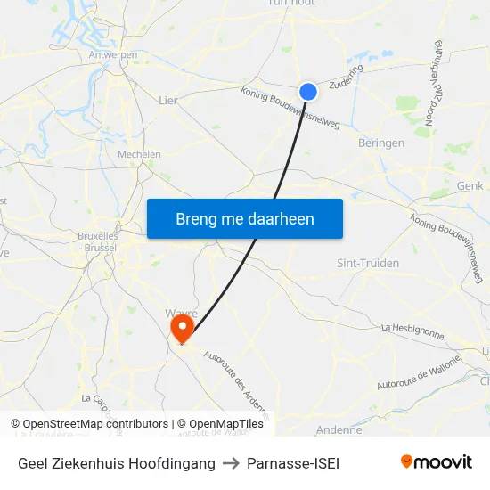 Geel Ziekenhuis Hoofdingang to Parnasse-ISEI map
