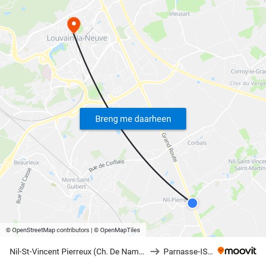 Nil-St-Vincent Pierreux (Ch. De Namur) to Parnasse-ISEI map