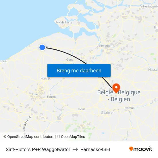 Sint-Pieters P+R Waggelwater to Parnasse-ISEI map