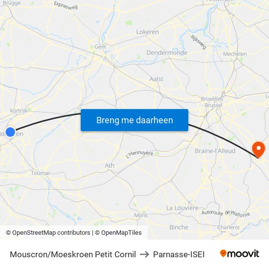 Mouscron/Moeskroen Petit Cornil to Parnasse-ISEI map
