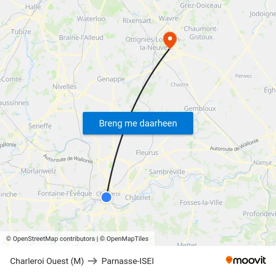 Charleroi Ouest (M) to Parnasse-ISEI map