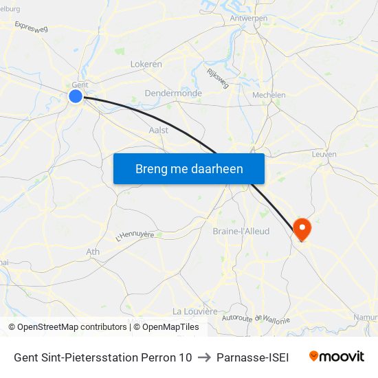 Gent Sint-Pietersstation Perron 10 to Parnasse-ISEI map