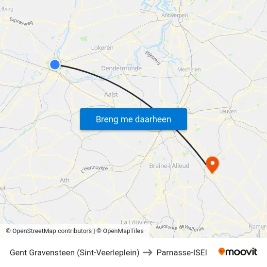 Gent Gravensteen (Sint-Veerleplein) to Parnasse-ISEI map