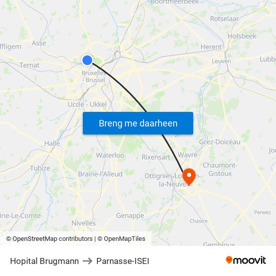 Hopital Brugmann to Parnasse-ISEI map