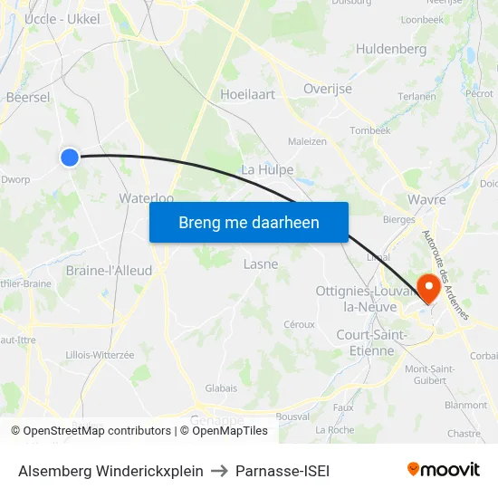 Alsemberg Winderickxplein to Parnasse-ISEI map
