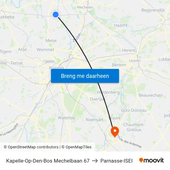 Kapelle-Op-Den-Bos Mechelbaan 67 to Parnasse-ISEI map