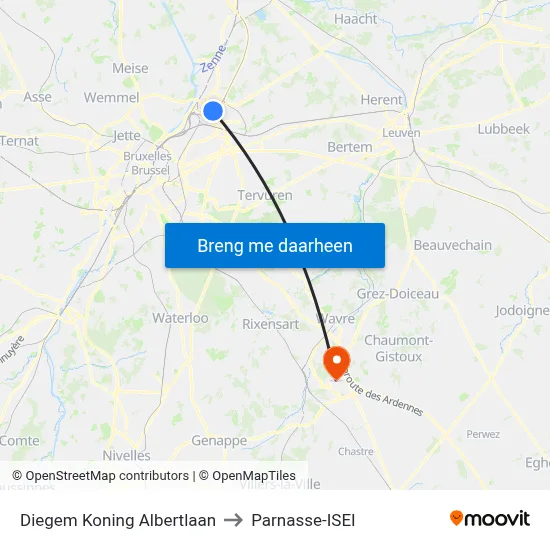 Diegem Koning Albertlaan to Parnasse-ISEI map