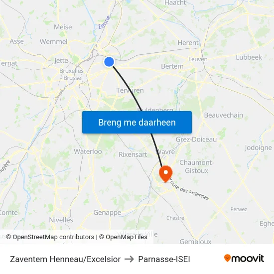 Zaventem Henneau/Excelsior to Parnasse-ISEI map
