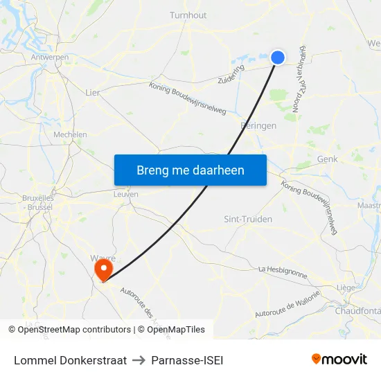 Lommel Donkerstraat to Parnasse-ISEI map