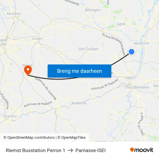 Riemst Busstation Perron 1 to Parnasse-ISEI map
