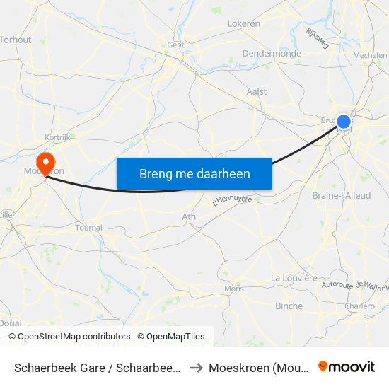 Schaerbeek Gare / Schaarbeek Station to Moeskroen (Mouscron) map
