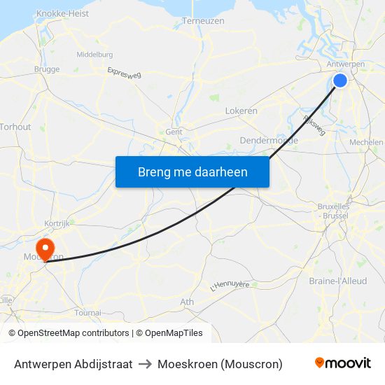 Antwerpen Abdijstraat to Moeskroen (Mouscron) map