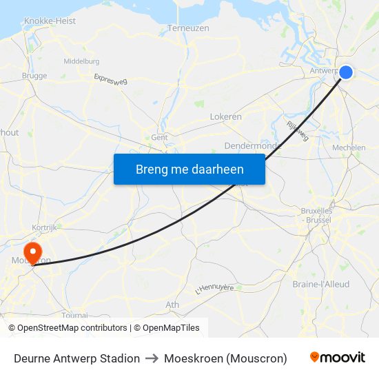 Deurne Antwerp Stadion to Moeskroen (Mouscron) map