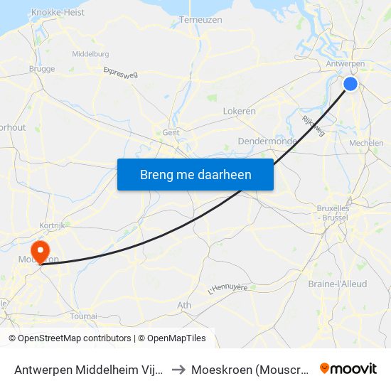 Antwerpen Middelheim Vijver to Moeskroen (Mouscron) map