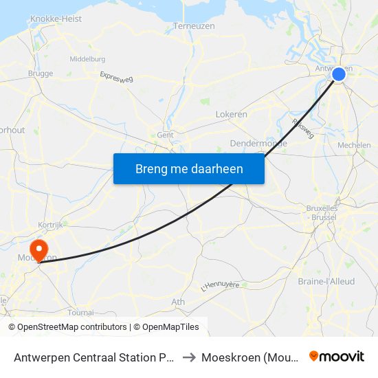 Antwerpen Centraal Station Perron 10 to Moeskroen (Mouscron) map