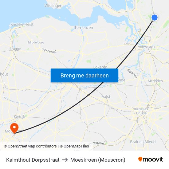 Kalmthout Dorpsstraat to Moeskroen (Mouscron) map