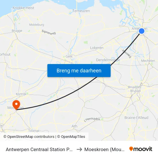 Antwerpen Centraal Station Perron 11 to Moeskroen (Mouscron) map