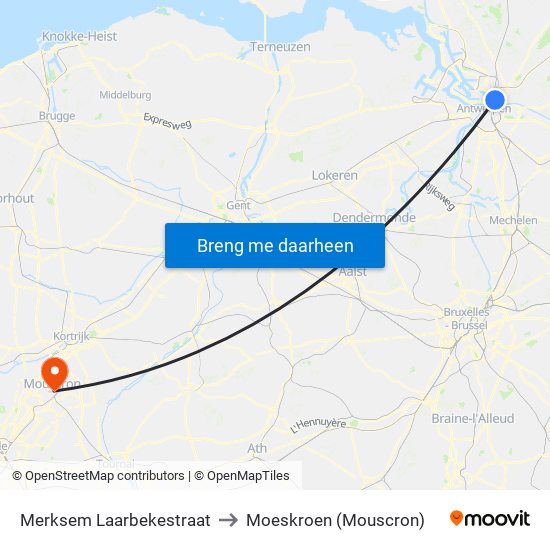Merksem Laarbekestraat to Moeskroen (Mouscron) map