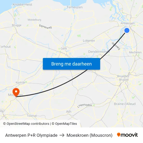 Antwerpen P+R Olympiade to Moeskroen (Mouscron) map