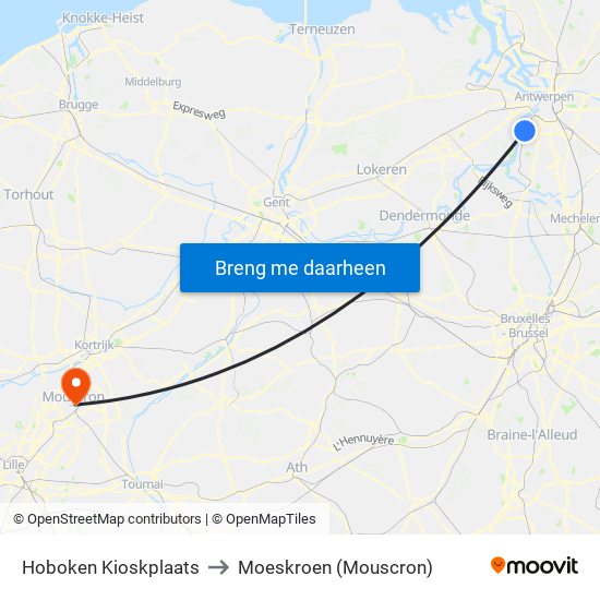 Hoboken Kioskplaats to Moeskroen (Mouscron) map