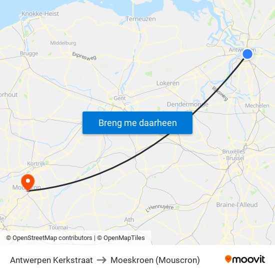 Antwerpen Kerkstraat to Moeskroen (Mouscron) map