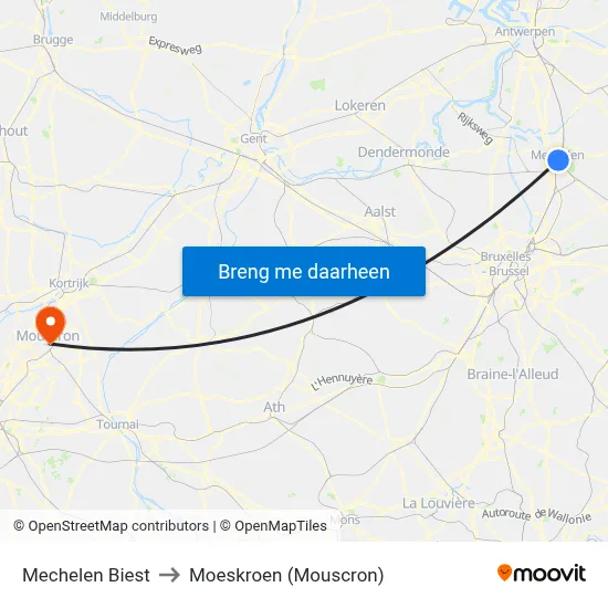 Mechelen Biest to Moeskroen (Mouscron) map