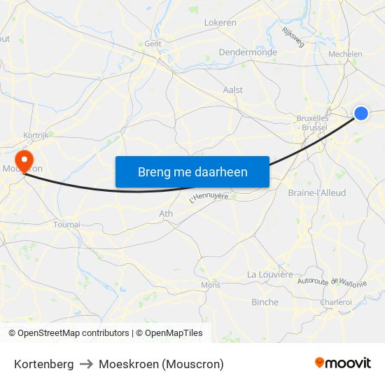 Kortenberg to Moeskroen (Mouscron) map