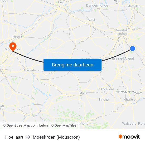 Hoeilaart to Moeskroen (Mouscron) map