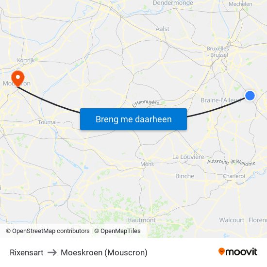 Rixensart to Moeskroen (Mouscron) map