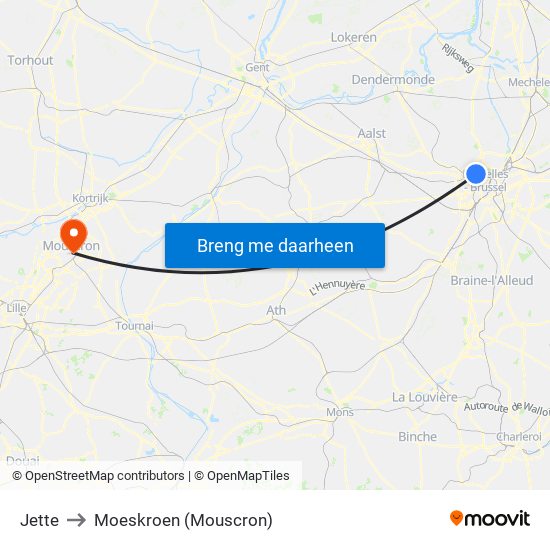 Jette to Moeskroen (Mouscron) map
