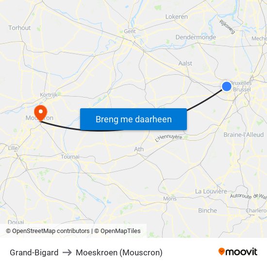 Grand-Bigard to Moeskroen (Mouscron) map