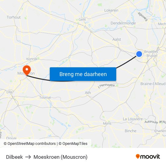 Dilbeek to Moeskroen (Mouscron) map
