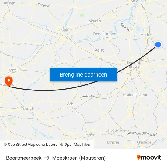 Boortmeerbeek to Moeskroen (Mouscron) map
