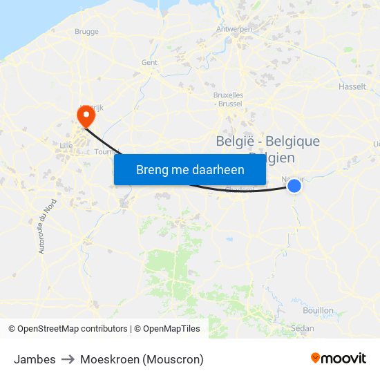 Jambes to Moeskroen (Mouscron) map