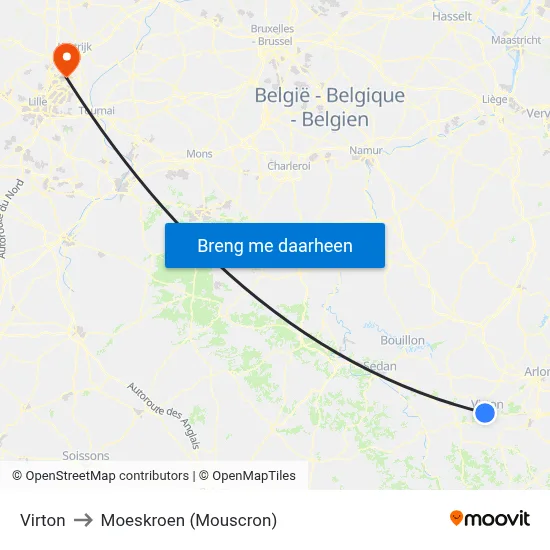 Virton to Moeskroen (Mouscron) map
