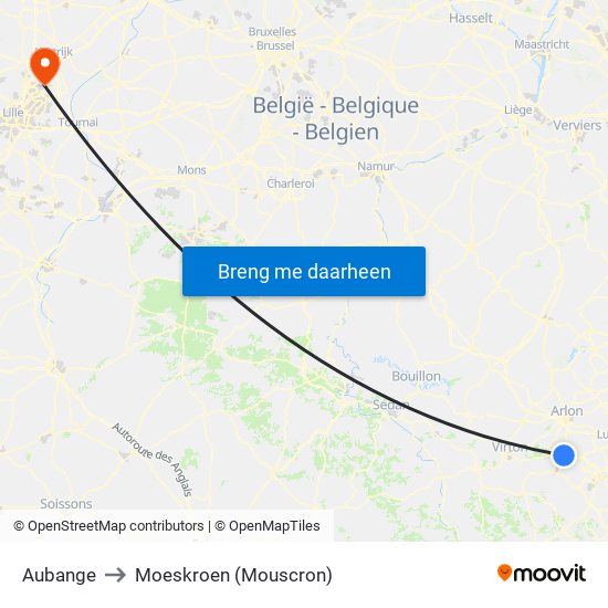 Aubange to Moeskroen (Mouscron) map