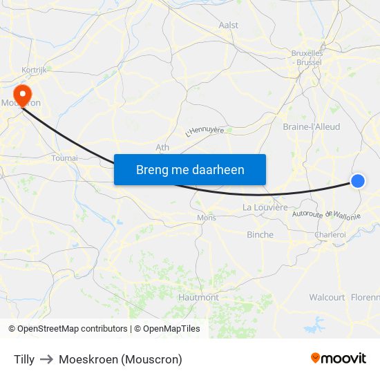 Tilly to Moeskroen (Mouscron) map