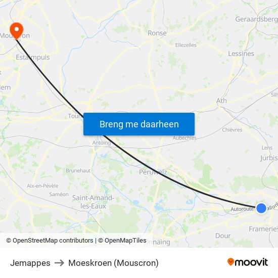 Jemappes to Moeskroen (Mouscron) map