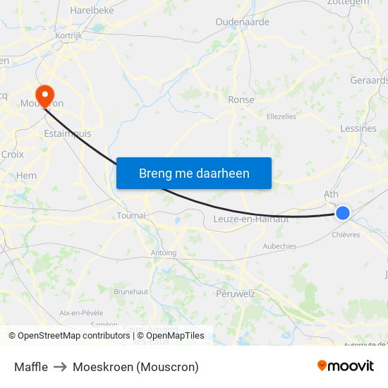 Maffle to Moeskroen (Mouscron) map