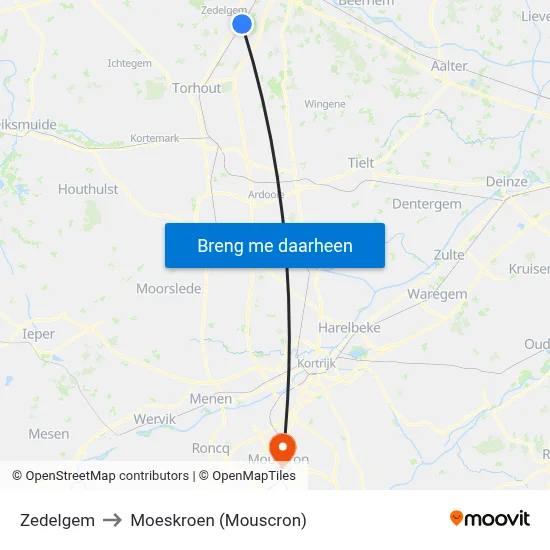 Zedelgem to Moeskroen (Mouscron) map