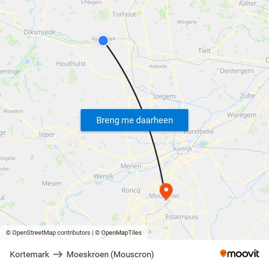 Kortemark to Moeskroen (Mouscron) map