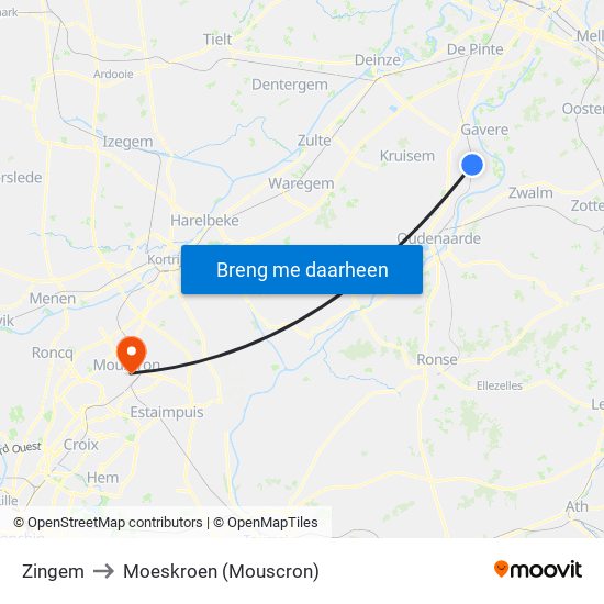 Zingem to Moeskroen (Mouscron) map