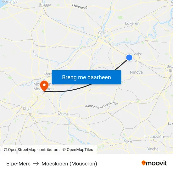 Erpe-Mere to Moeskroen (Mouscron) map