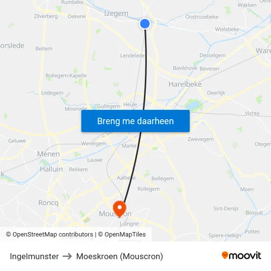 Ingelmunster to Moeskroen (Mouscron) map