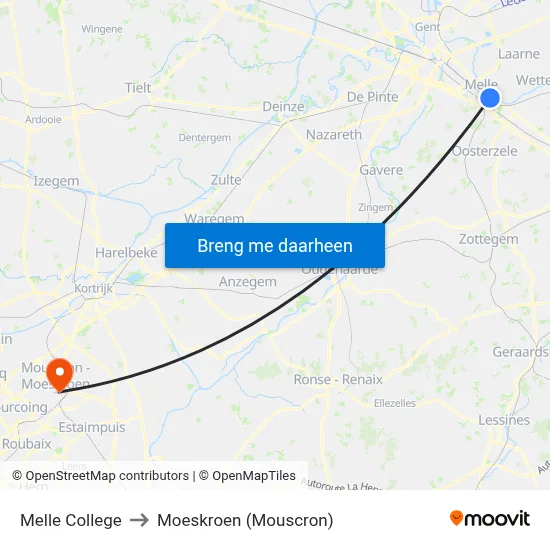 Melle College to Moeskroen (Mouscron) map