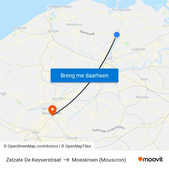 Zelzate De Keyserstraat to Moeskroen (Mouscron) map