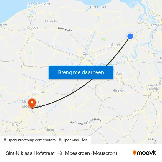 Sint-Niklaas Hofstraat to Moeskroen (Mouscron) map